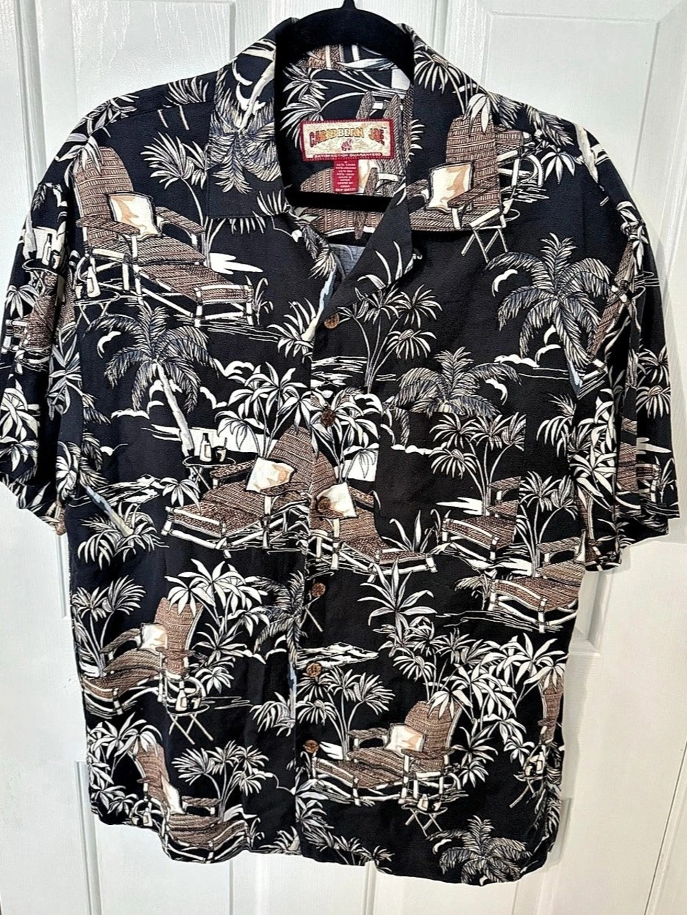 Caribbean Joe Hawaiian Camp Shirt Black & Brown Linen Blend - Small